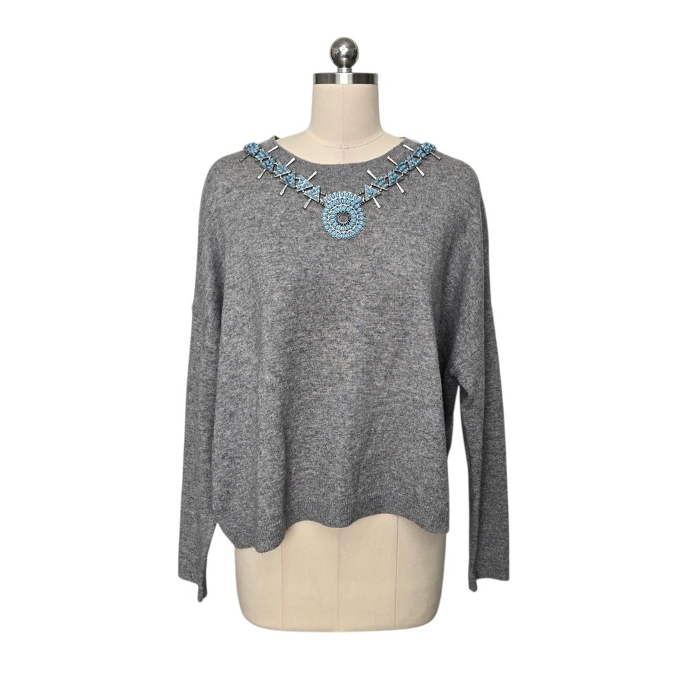 The Kooples Grey Wool Cashmere Embellished Turquoise Neckline Sweater Size 2 M/L